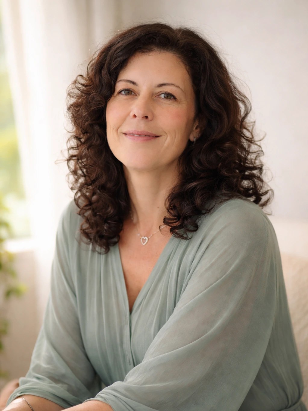 Adele Diamond in a sage linen blouse in soft natural light in Salt Rock, KwaZulu-Natal