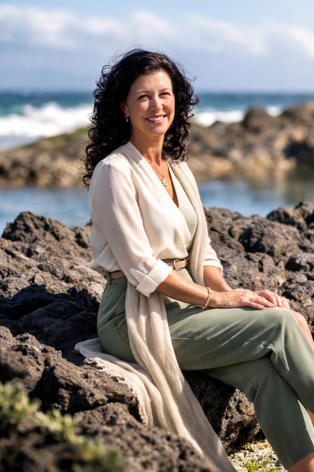 Adele Diamond sitting on the coastal rocks in Salt Rock, KwaZulu-Natal, South Africa