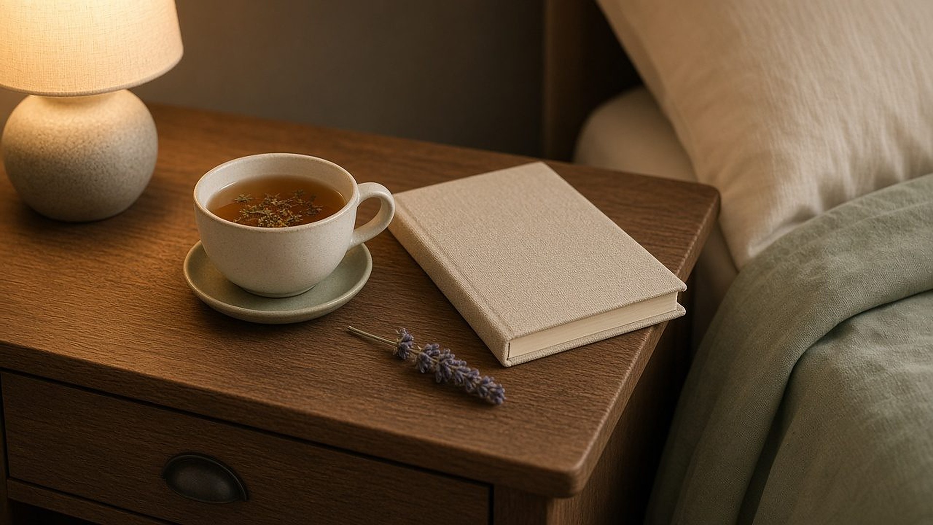 Cup of tea on a calm bedside table in morning light