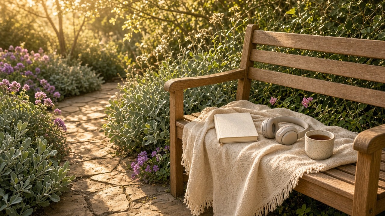 Sunlit coastal garden bench with linen throw, workbook and headphones for eyes-free listening