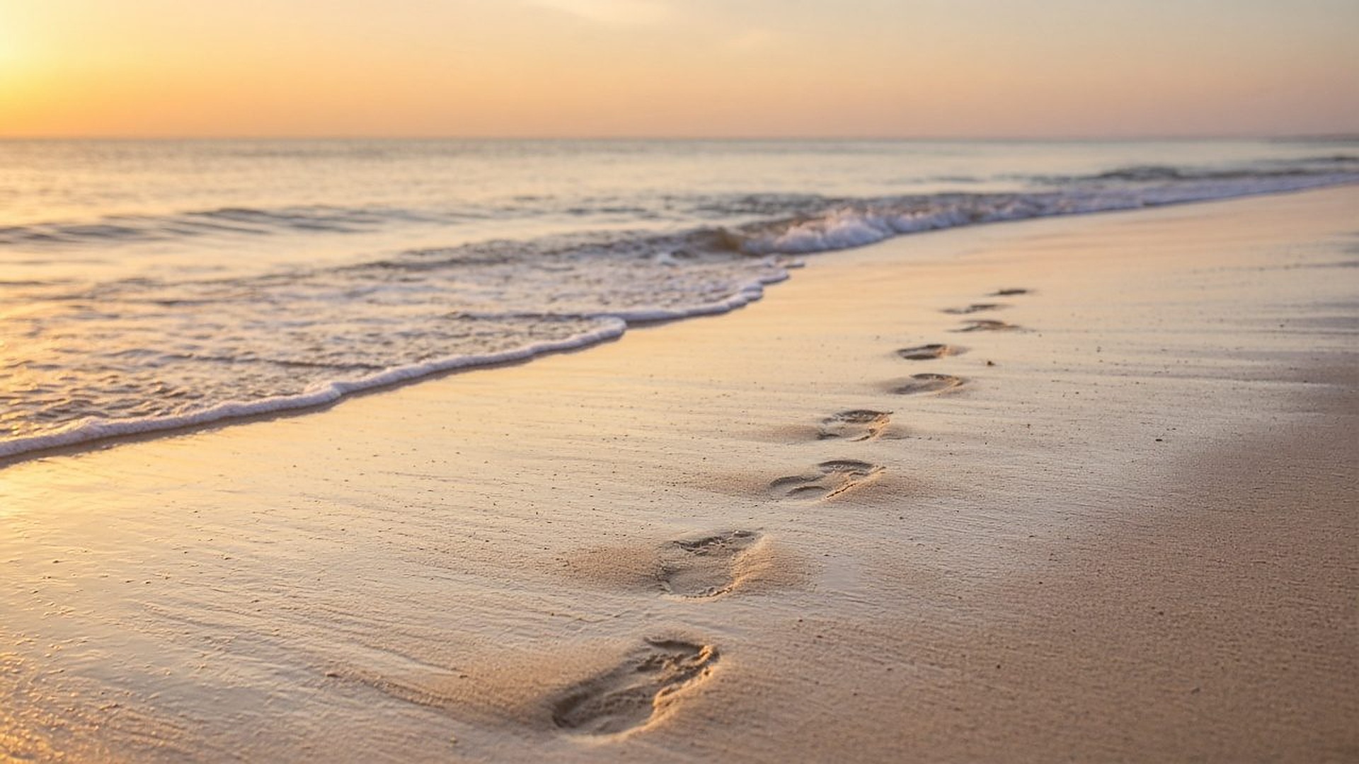 Gentle footprints along a sunlit sandy shoreline