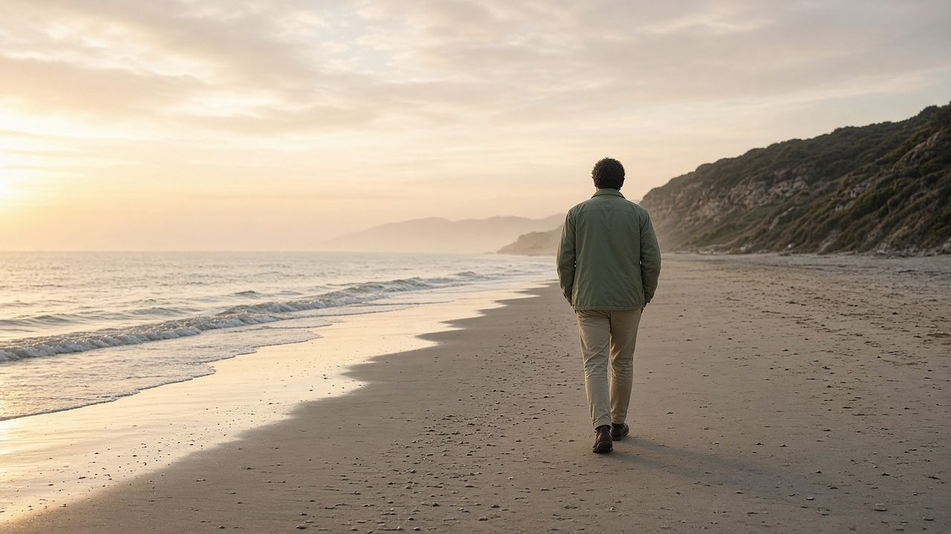 Man looking out at the ocean at sunrise