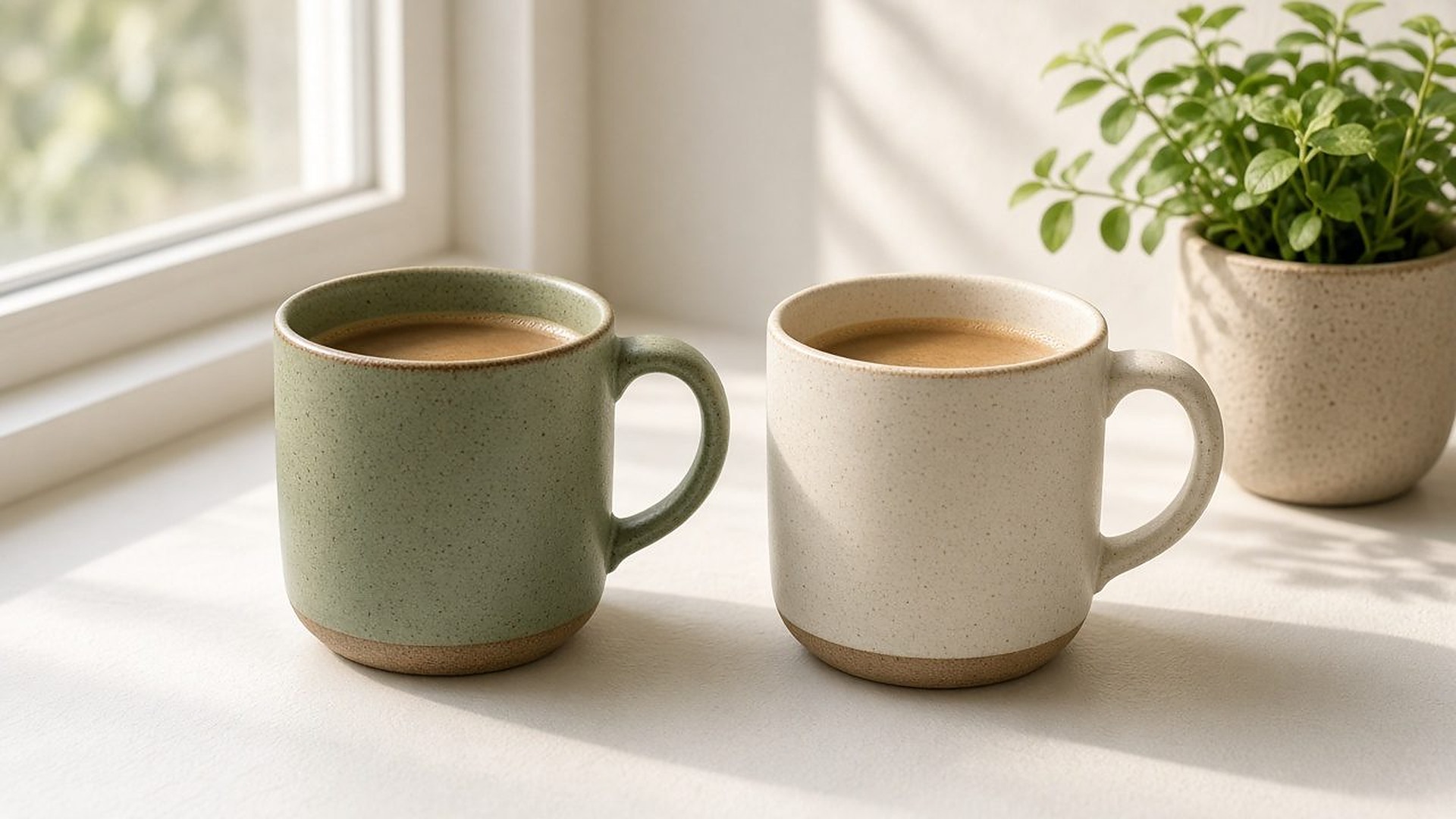 Two ceramic mugs on a sunny windowsill