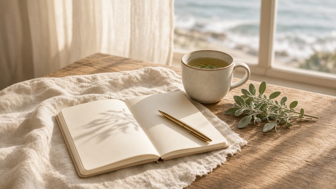 Sunlit wooden table by an ocean window with an open journal, brass pen, cup of tea and sage branch