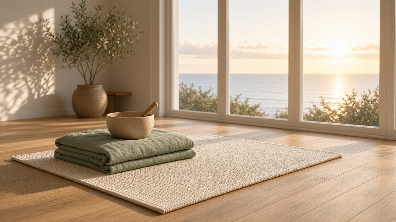 Sunlit coastal meditation sanctuary overlooking a calm ocean horizon at sunrise with woven mat and sage linen blanket