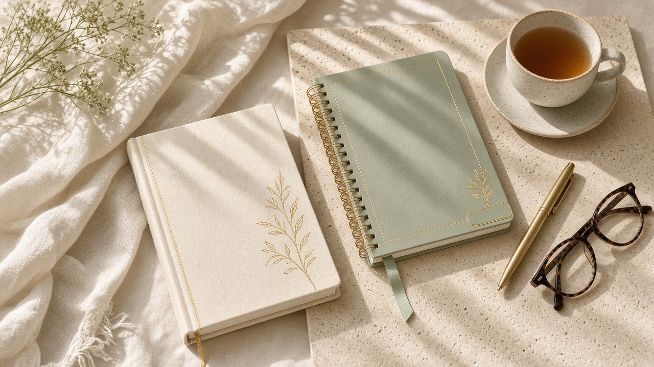 Sunlit coastal flat-lay of companion course workbook, journal, brass pen and herbal tea